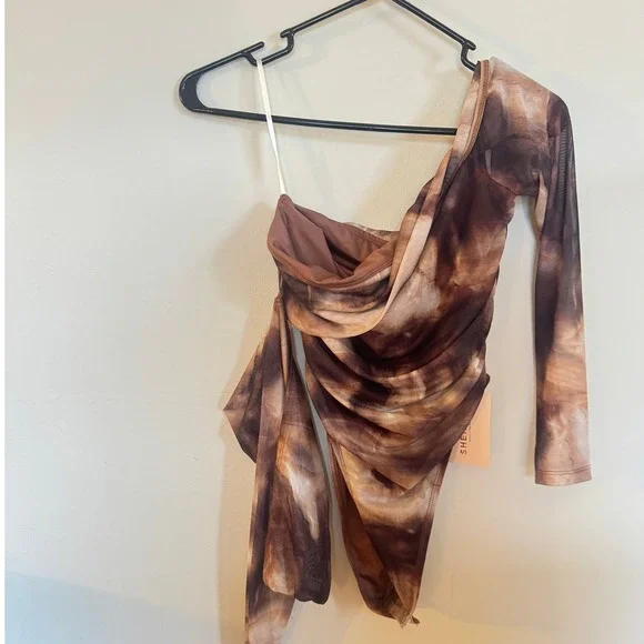 Shein Brown Abstract Marble One Shoulder Mesh Ruched Bodysuit Size M NWT - Picture 2 of 4